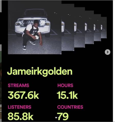 Jameir's spotify stats on his songs